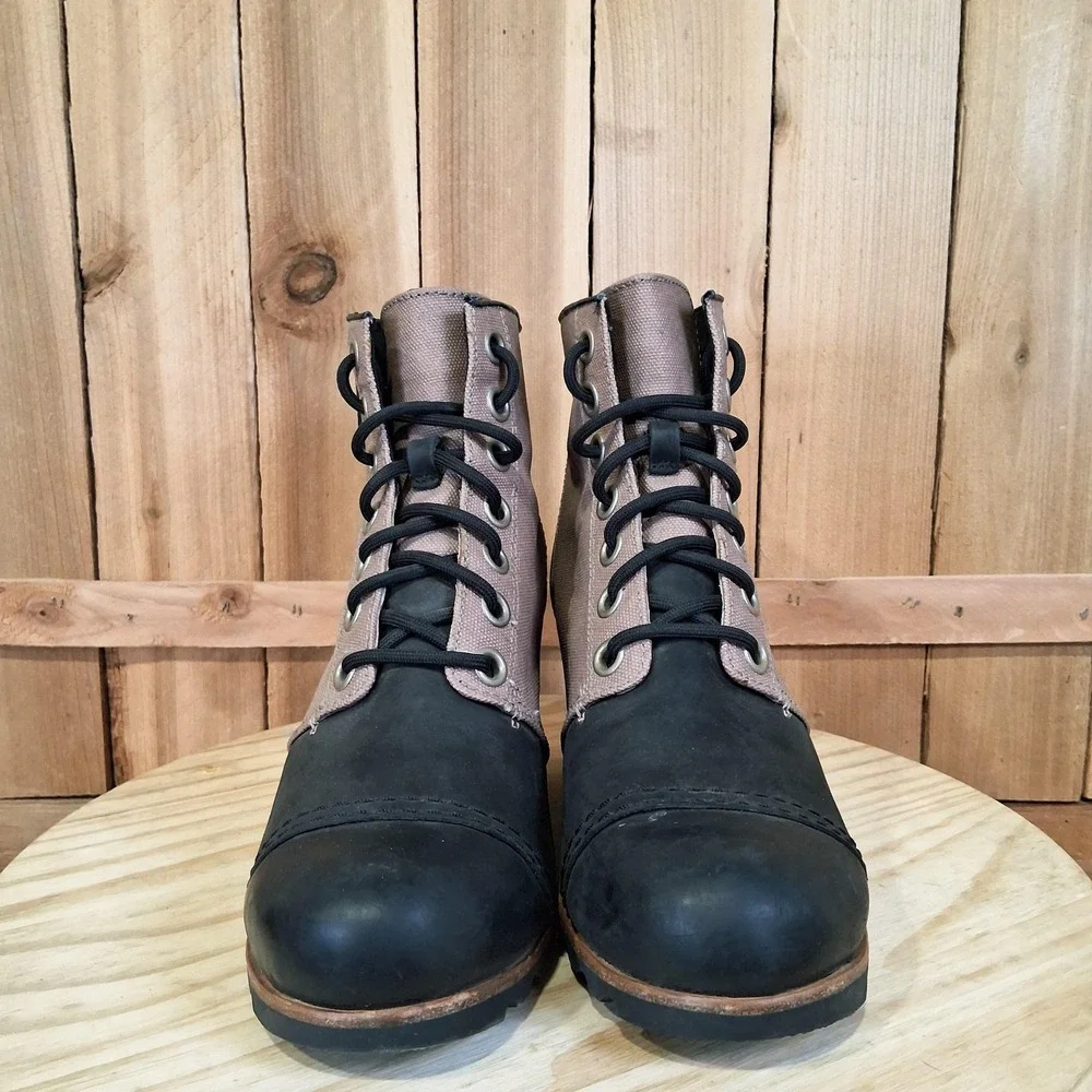 Sorel PDX Wedge Boots Womens 9 Beige Canvas Leather Lace Up‎ Ankle Booties